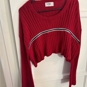 Peek A Boo! SEEK The Label Red Ribbed Cropped Sweater with Zip Detail